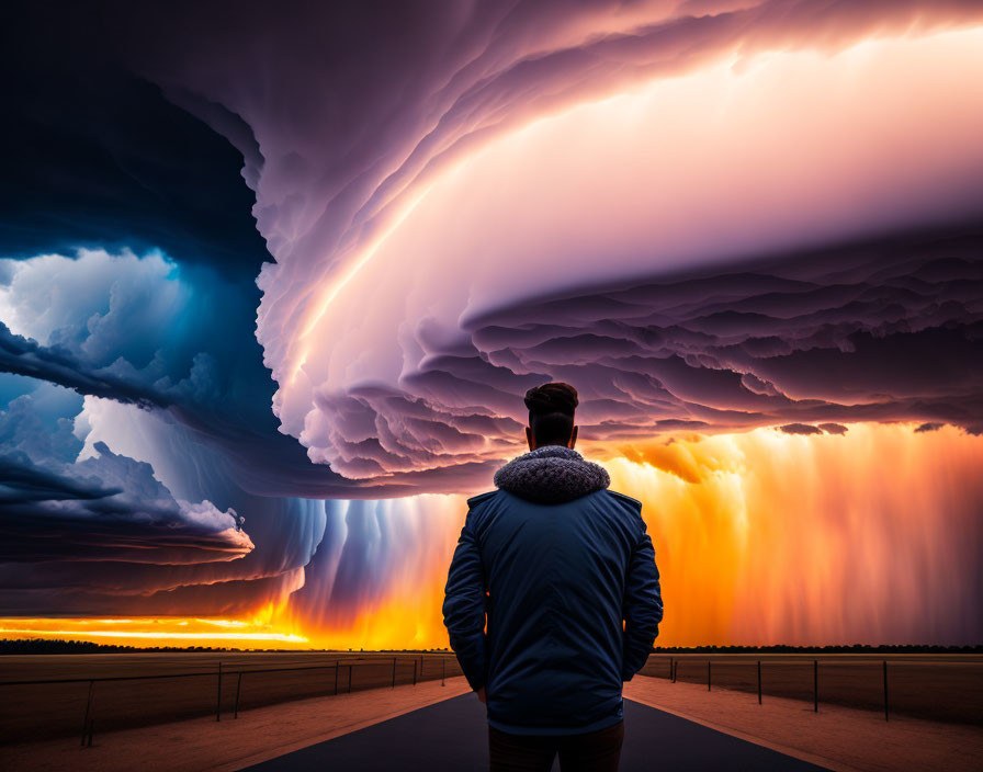 Person standing before dramatic shelf cloud at sunset with orange light and rain.