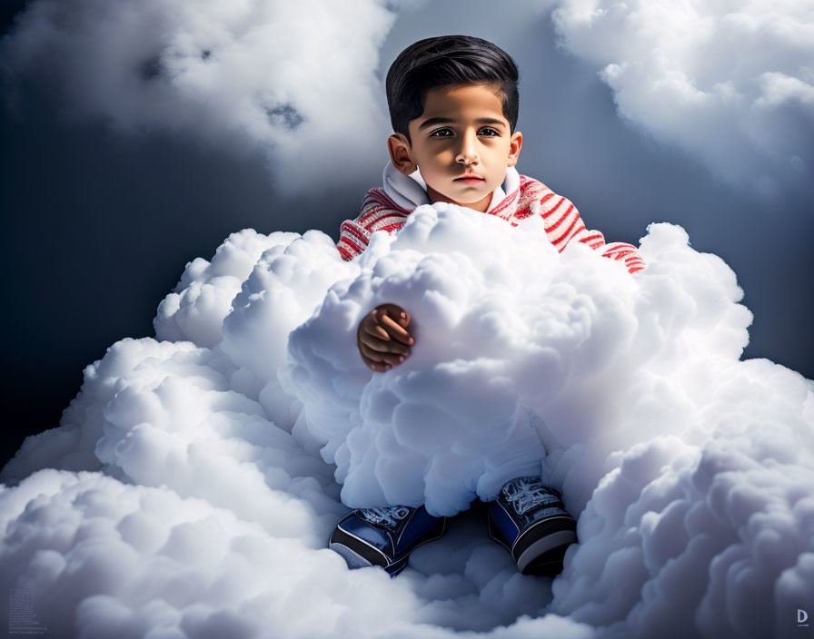 Child in Striped Hoodie Sitting in Clouds on Blue Sky Background