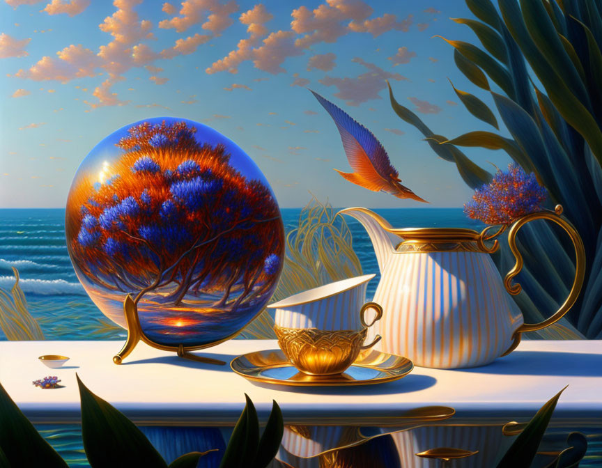 Surreal teapot, cup, glass sphere with tree, and flying fish scene