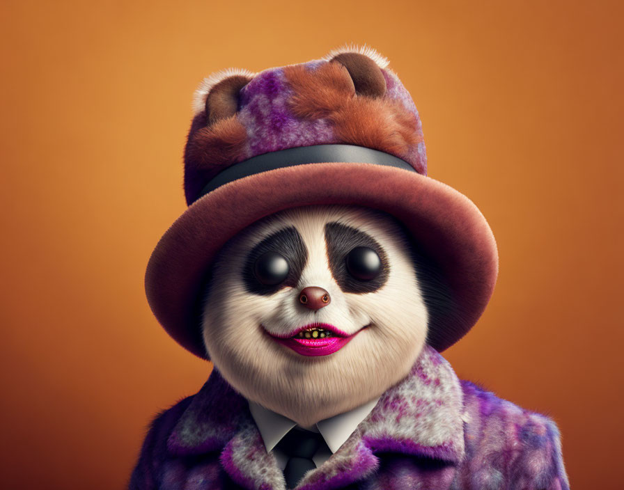 Anthropomorphic sloth in stylish purple attire on orange backdrop