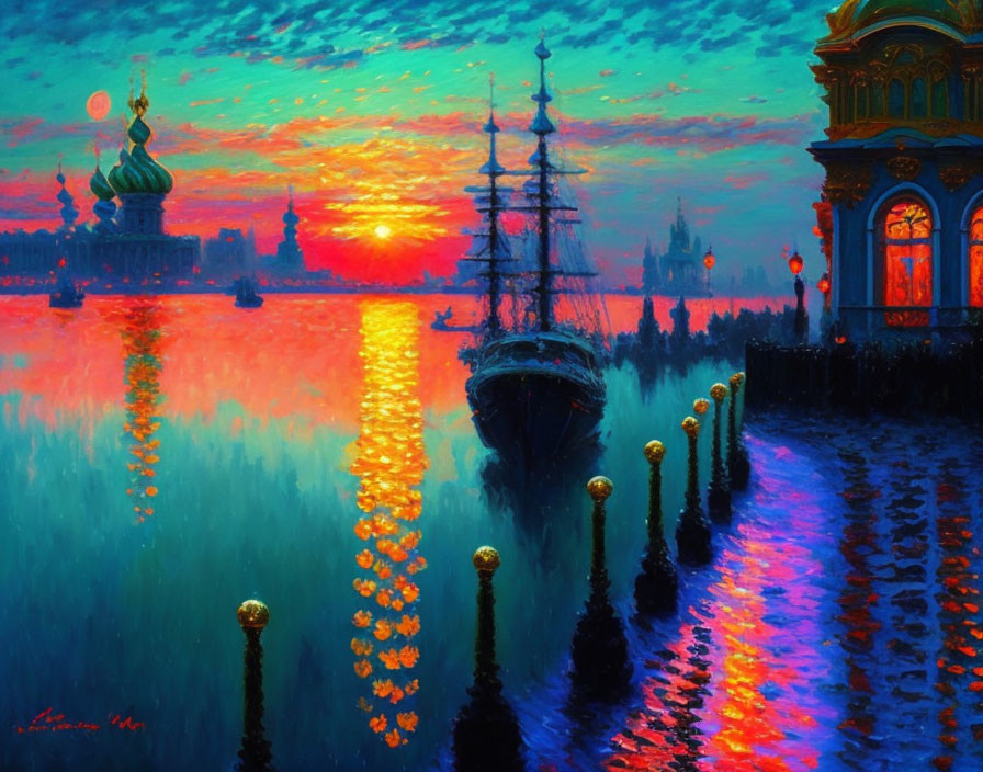 Colorful sunset painting with sailing ship and waterfront silhouettes.