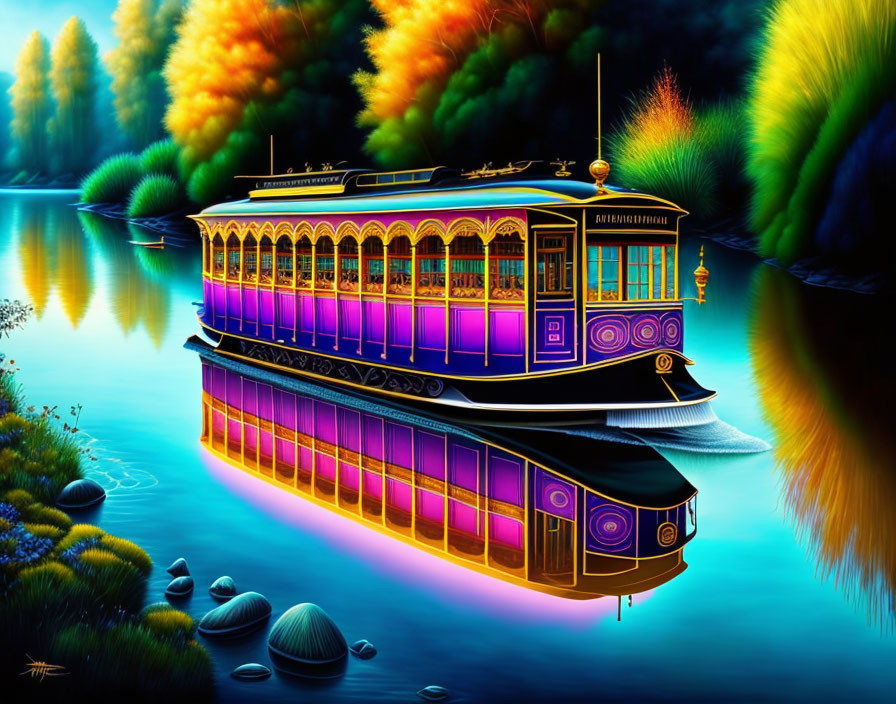 Colorful paddle steamboat on calm river with autumn trees