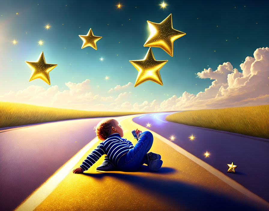 Baby in Striped Pajamas Gazing at Glowing Stars on Road