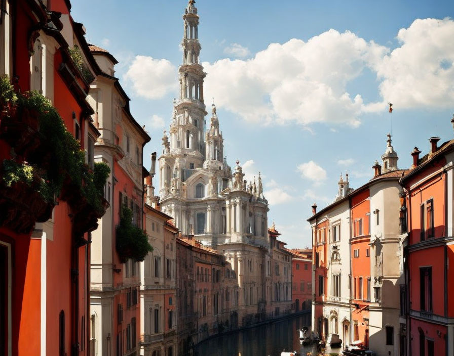 European cityscape: ornate buildings along canal, leading to grand church spire under clear sky