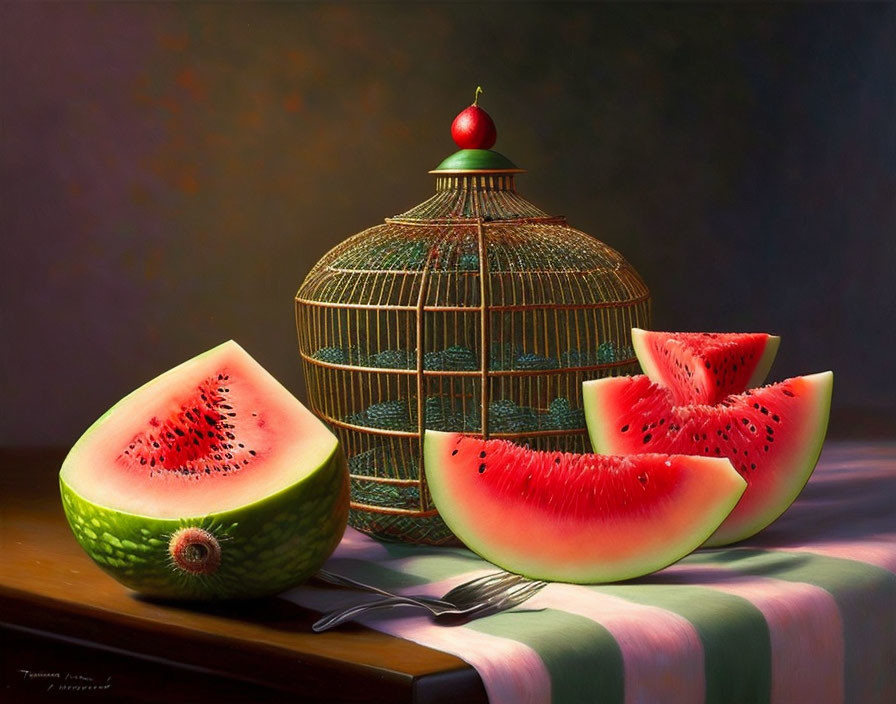 Birdcage and Watermelon Still Life Painting with Fork on Striped Tablecloth