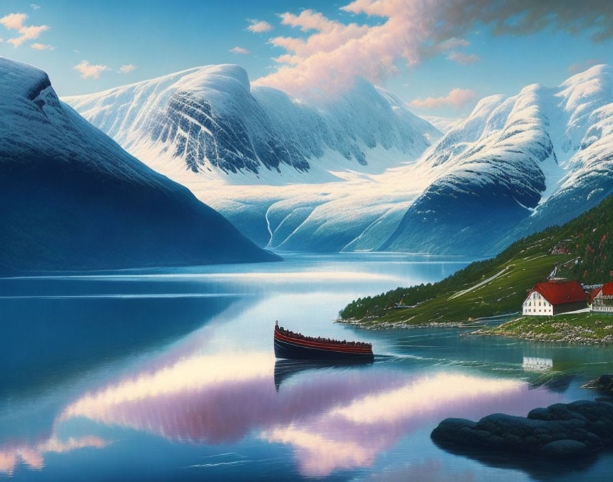 Snow-capped mountains frame serene fjord with Viking longship and village by water.