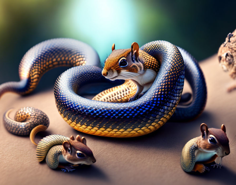 Squirrel surrounded by blue and gold snake with two others nearby