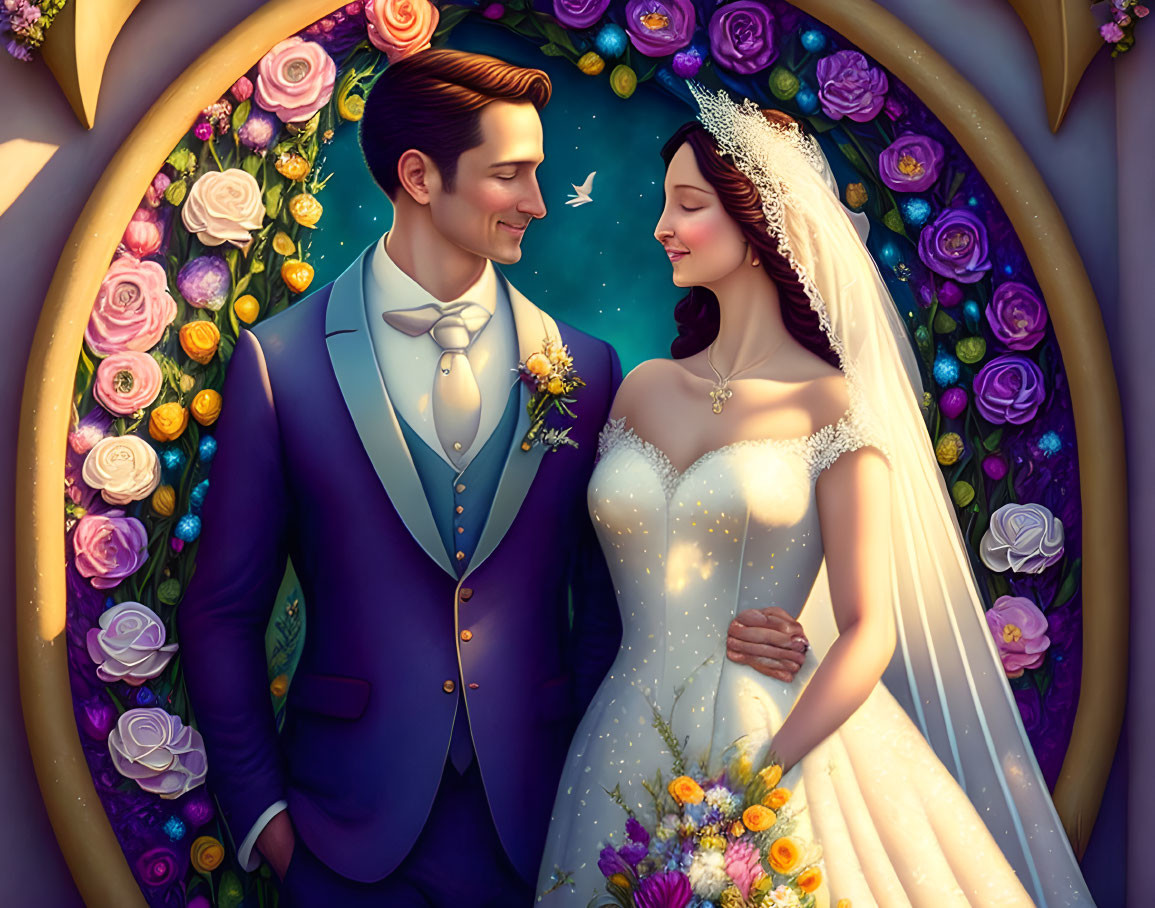 Illustrated bride and groom under floral arch with vibrant roses