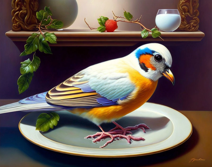 Colorful Bird with Finch and Warbler Features on Porcelain Plate with Strawberry and Cup