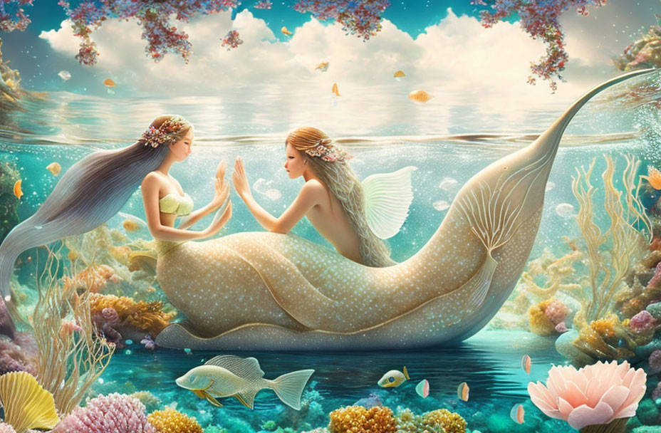 Colorful Underwater Scene: Two Playful Mermaids Amidst Coral Reefs