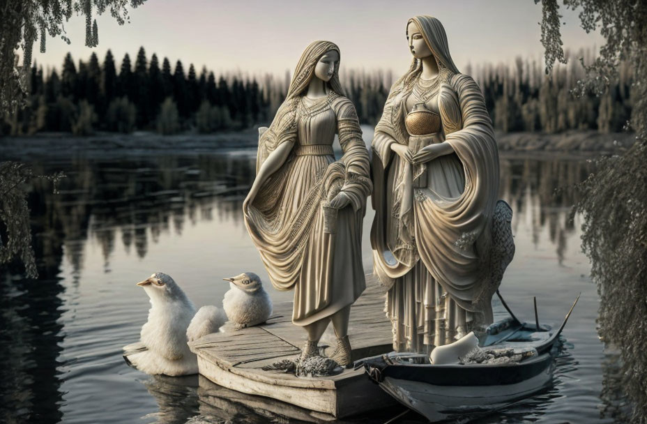 Classical statues of female figures on boat with seal and birds in tranquil lakeside setting