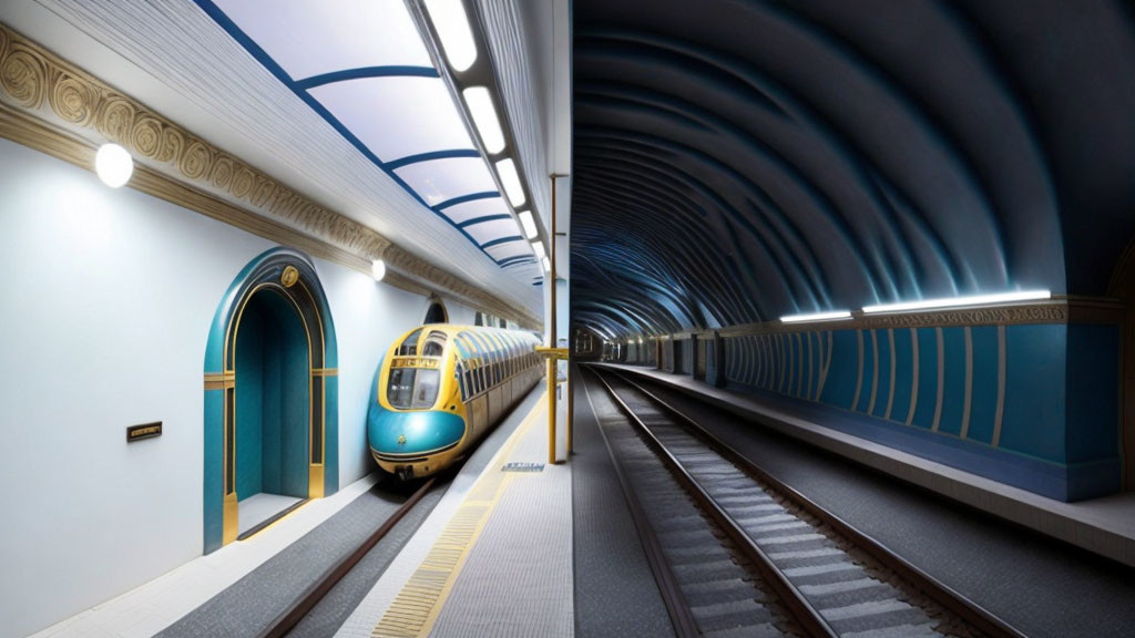 Blue and Yellow Modern Train at Station with Arched Doorways and Tunnel Entrance