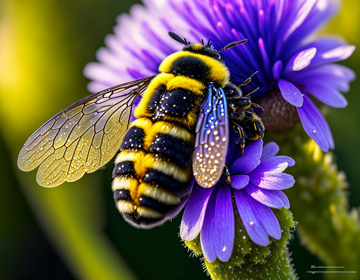 Translucent-winged bee on purple flower with blurred green background