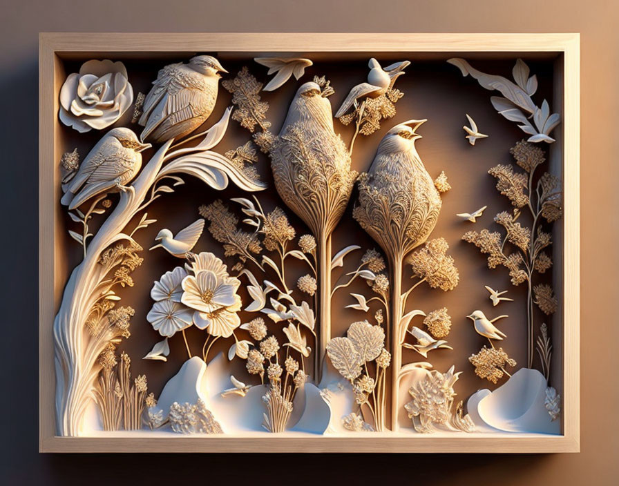 3D Relief Art Piece with Birds and Flowers in Cream and Brown