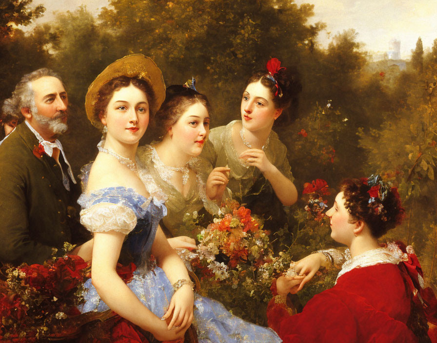 Elegant group in garden: man and woman with flowers conversing