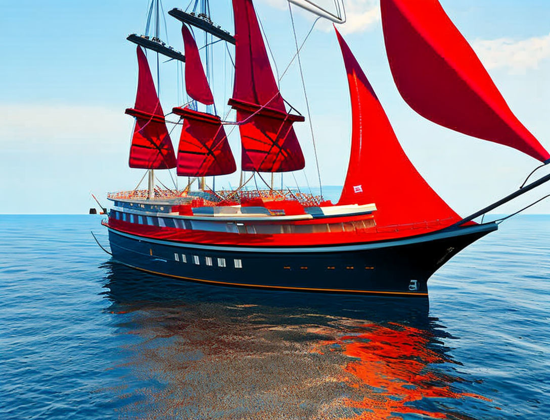 Red-sailed ship on calm blue waters under clear sky