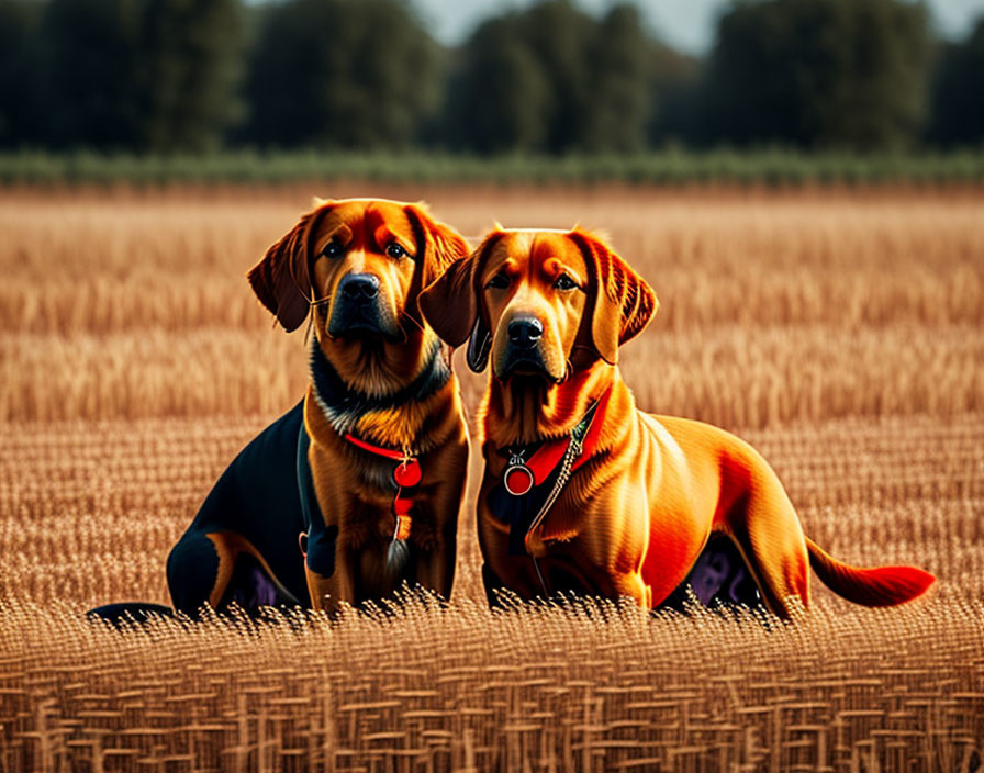 Two Brown Dogs with Red Collars Sitting in Field under Golden Sunlight