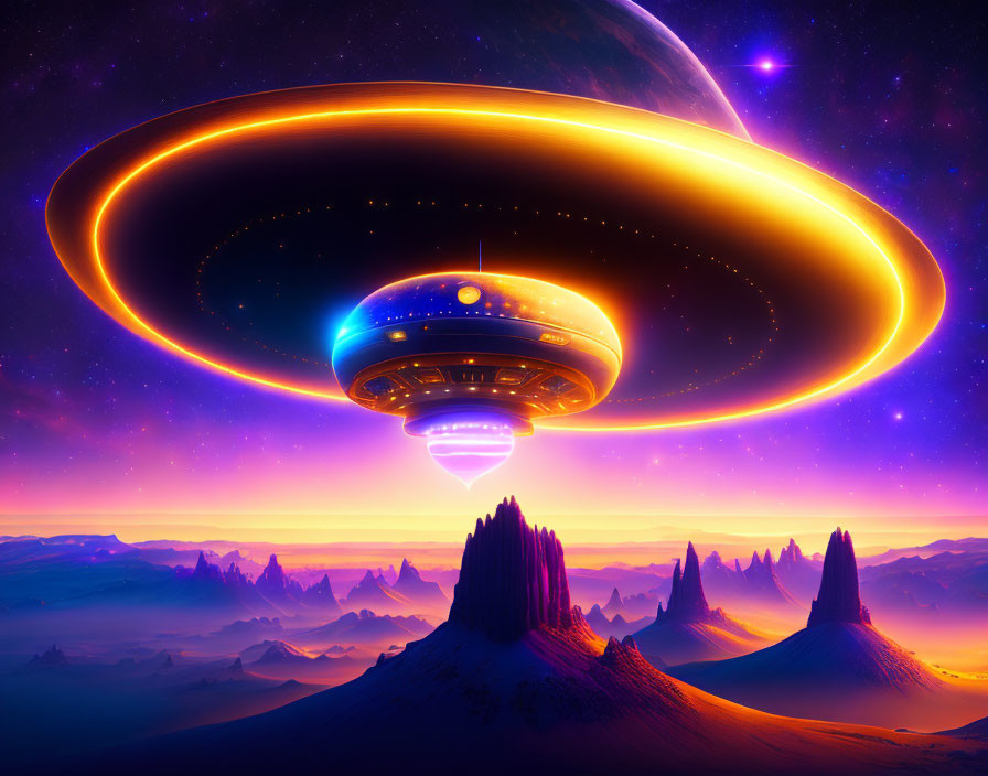 Large glowing UFO over alien landscape with ringed planet in twilight sky