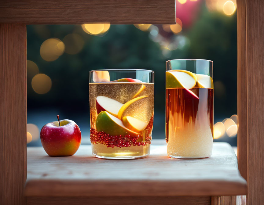 Apple slices in wooden frame with refreshing drinks and bokeh lights