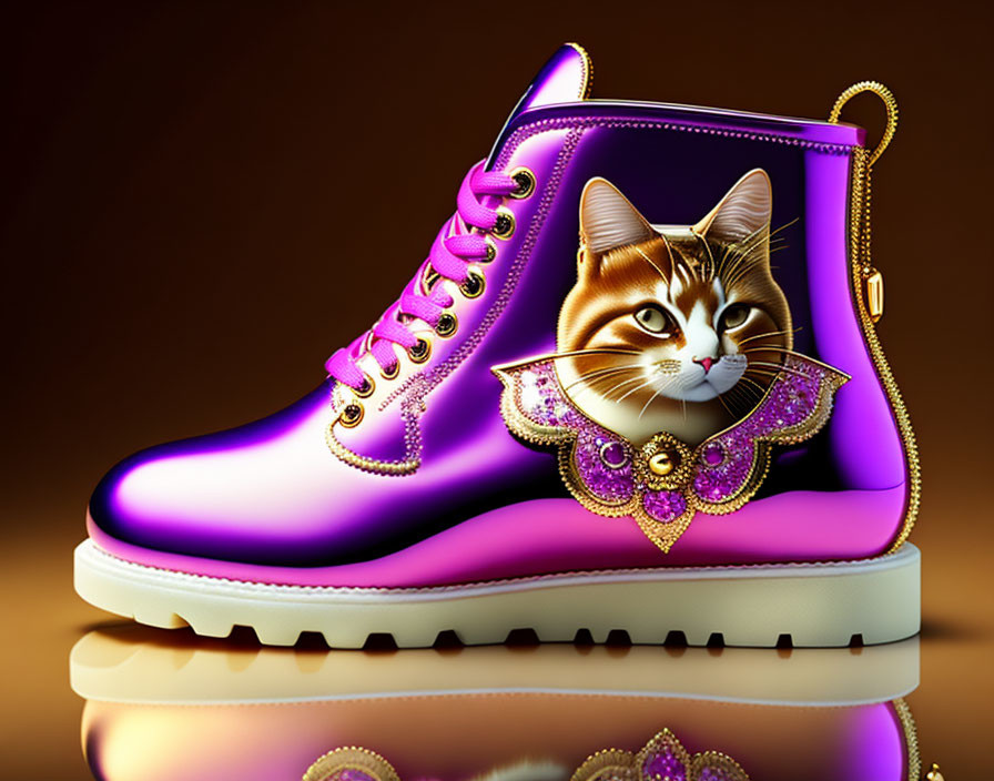 Gradient Purple to Pink Cat Face Boot with Decorative Necklace Graphic