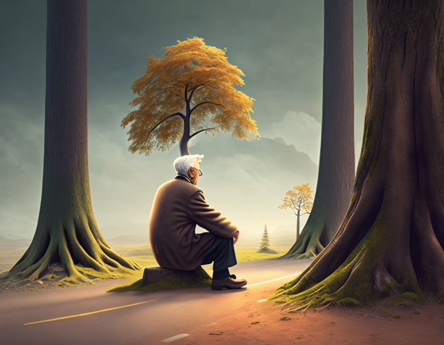 Elderly person on wooden bench between large trees in tranquil landscape