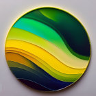 Vibrant circular artwork with flowing patterns in green, blue, yellow, and purple