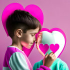 Stylized characters with oversized heads in tender moment on pink backdrop