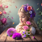 Woman with Long Blonde Hair and Floral Crown Surrounded by Vibrant Flowers