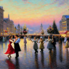 Elegant couples dancing on rain-slicked street with Christmas trees at sunset