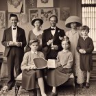 Group of people in historical attire with musical instruments and animals in vintage setting