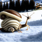 Cartoon snail with spiral shell in snowy landscape.