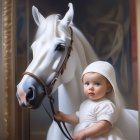 Young girl in cowboy hat with white horse in stable.