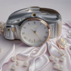 Luxurious White Dial Wristwatch with Gold Accents and Silver Bracelet, Elegant Jewelry, White