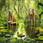 Two bearded men in wide-brimmed hats in lush green swamp landscape
