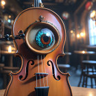 Surreal violin illustration with human eye soundhole in cozy cafe setting