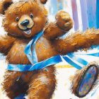 Bear costume runner wins race crossing finish line with blue and white tape