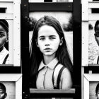 Monochrome children portraits on metal-framed panel