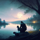 Person and dog by serene lake under starry sky with full moon and trees.