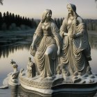 Classical statues of female figures on boat with seal and birds in tranquil lakeside setting