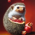 Illustration: Hedgehog merged with pomegranate, juice droplets and seeds.