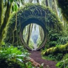 Ivy-covered archway in misty forest with lush green foliage