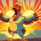 Vibrant illustration of giant bird with crown in sky at sunrise