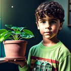 Rosy-cheeked girl holds potted plant with red balloons by sunlit window