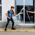 Boys playing with water near building windows