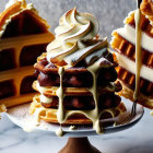 Creamy chocolate waffles with powder on wooden stand