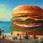 Giant layered sandwich on beach background with lime slice