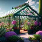 Greenhouse filled with thriving green vines and colorful flowers under warm sunlight