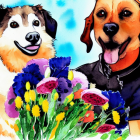 Four Vibrant Dogs with Flowers on Blue Background