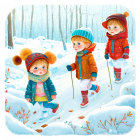 Three children in winter clothes walk through snowy forest with red berries.