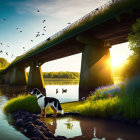 Tranquil sunset scene by river with bridge, birds, ducks, and lush greenery